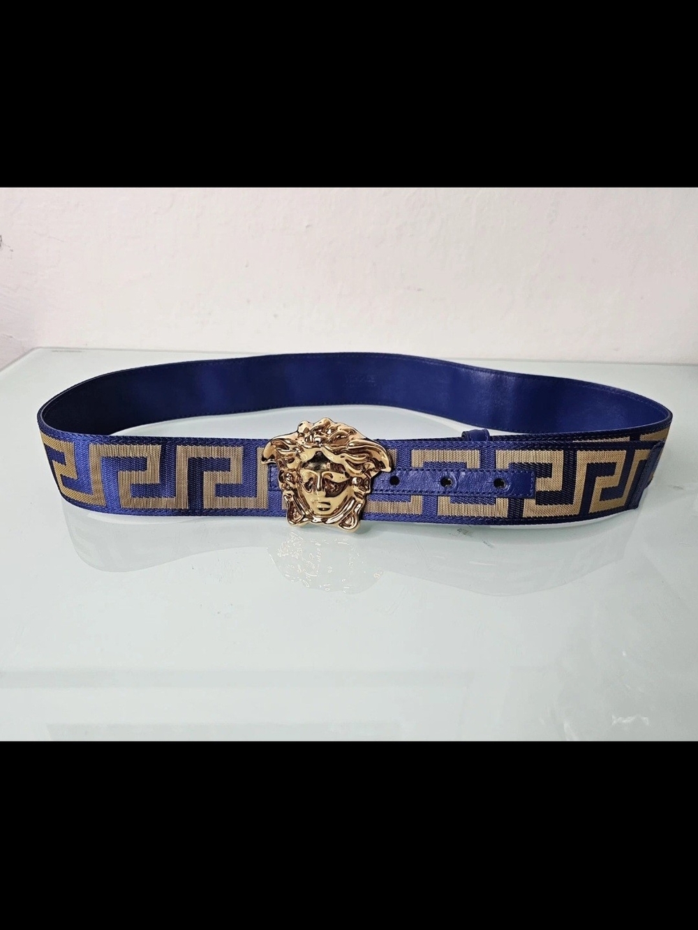 Authentic Versace Men's La Medusa Blue & Gold Greca Web Belt Size 36